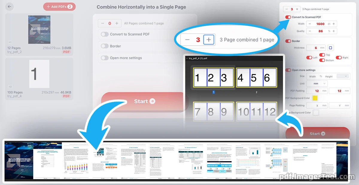 Combine PDF pages horizontally into one single page