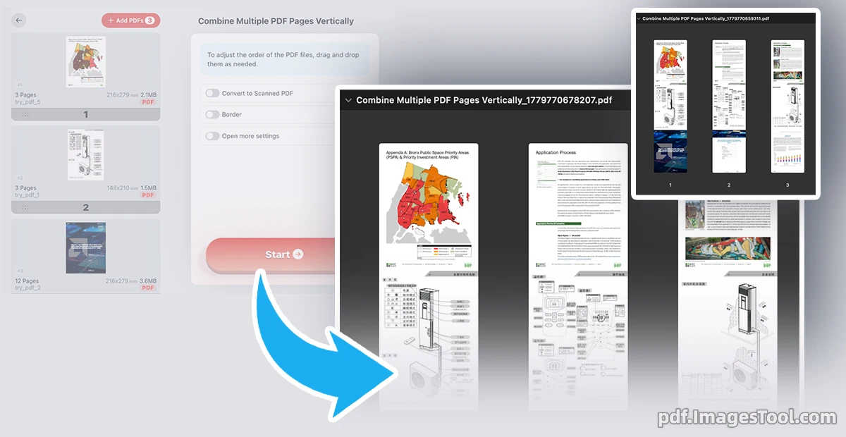 Combine PDF pages vertically top-to-bottom