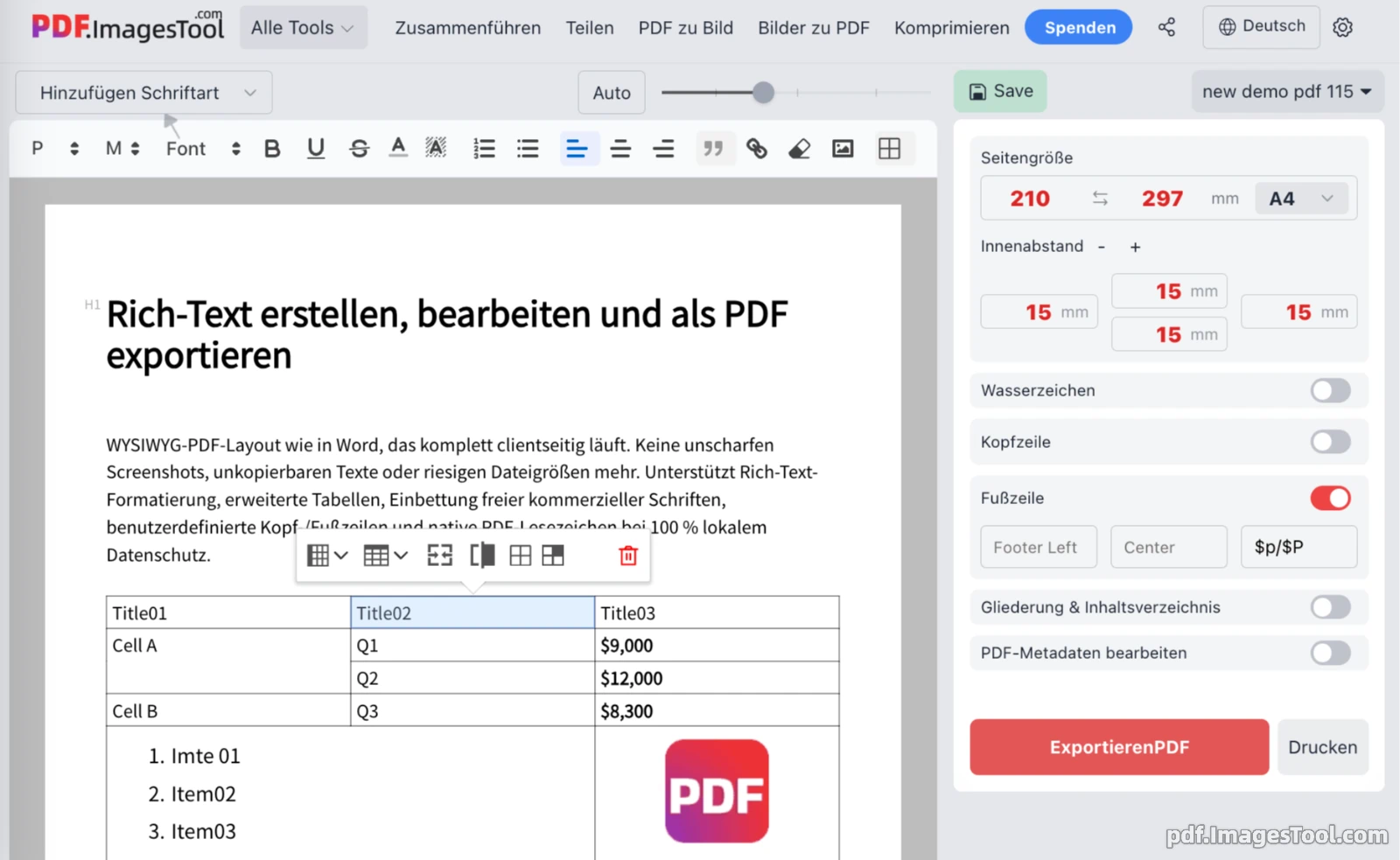 Rich-Text erstellen, bearbeiten und als PDF exportieren