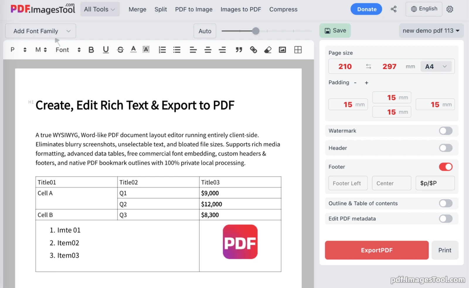 Create, Edit Rich Text & Export to PDF