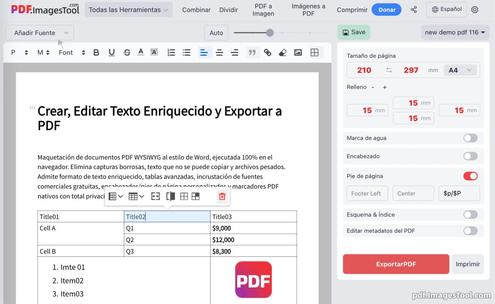 Crear, Editar Texto Enriquecido y Exportar a PDF