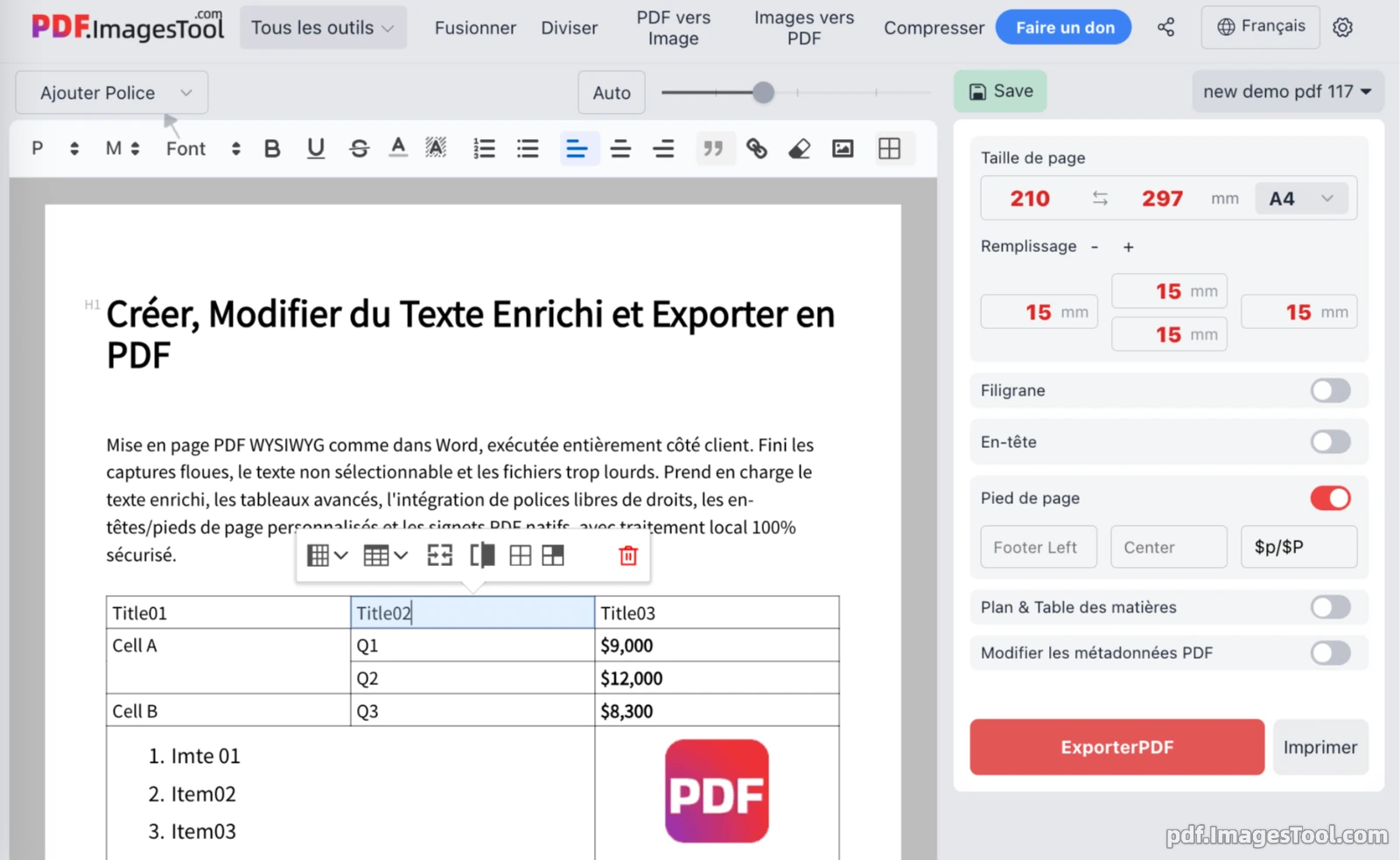 Créer, Modifier du Texte Enrichi et Exporter en PDF