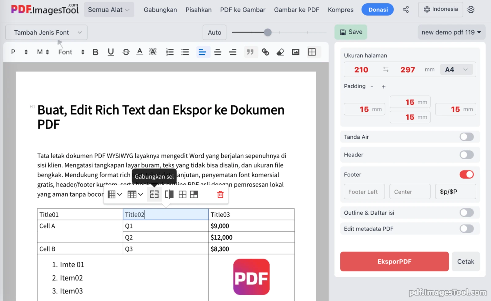 Buat, Edit Rich Text dan Ekspor ke Dokumen PDF