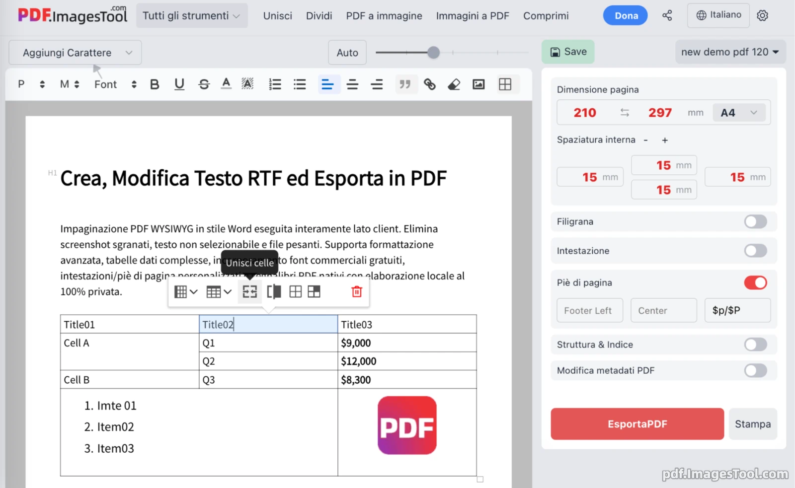 Crea, Modifica Testo RTF ed Esporta in PDF
