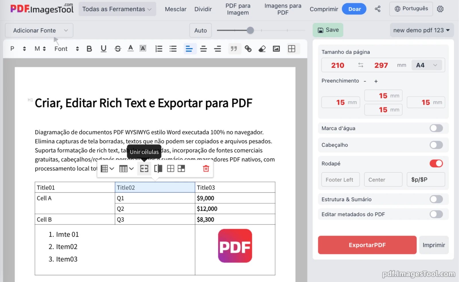 Criar, Editar Rich Text e Exportar para PDF