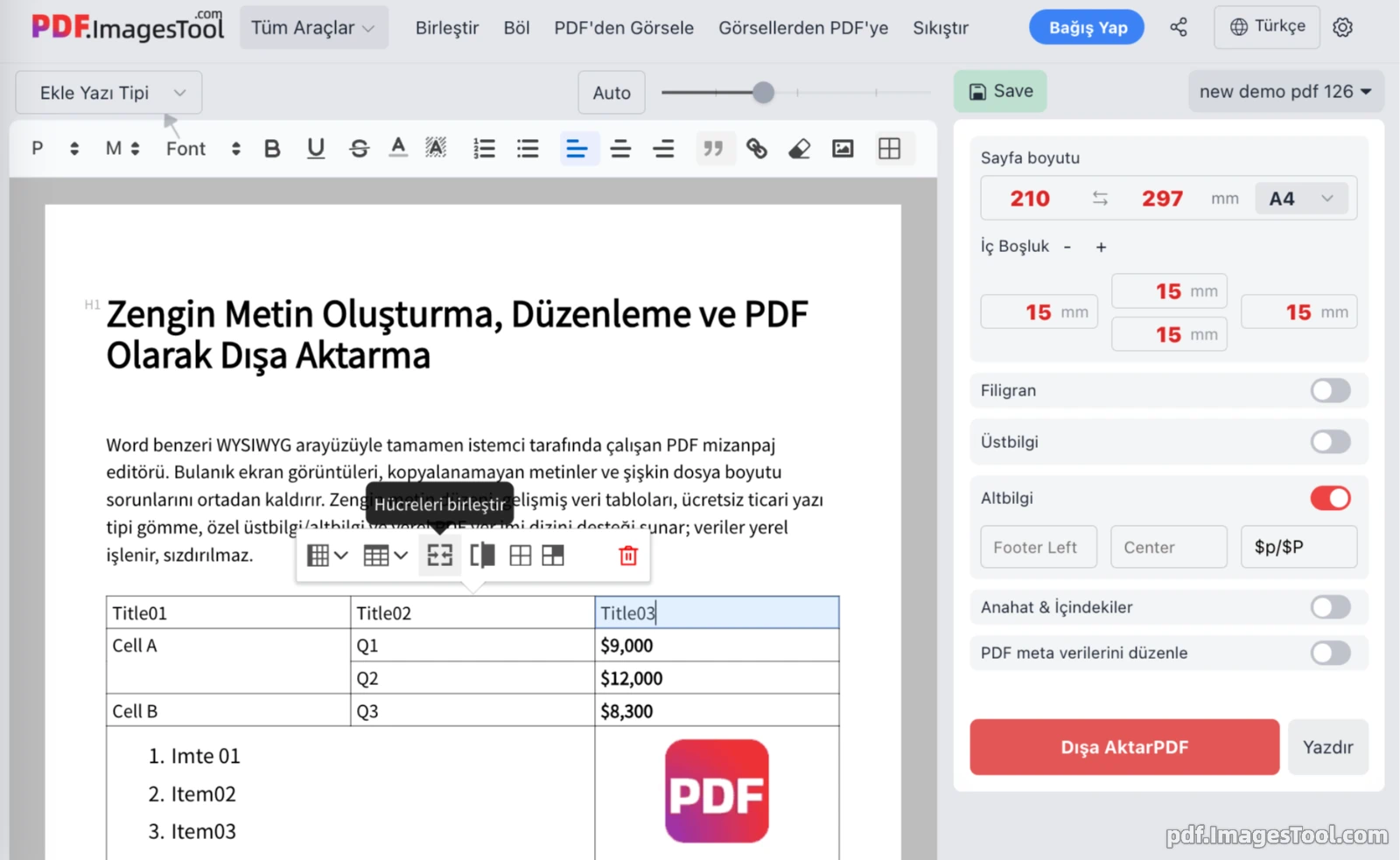 Zengin Metin Oluşturma, Düzenleme ve PDF Olarak Dışa Aktarma
