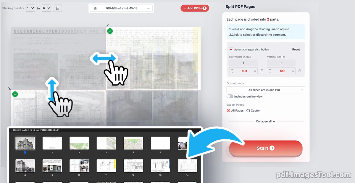 Custom split and cut PDF pages tool