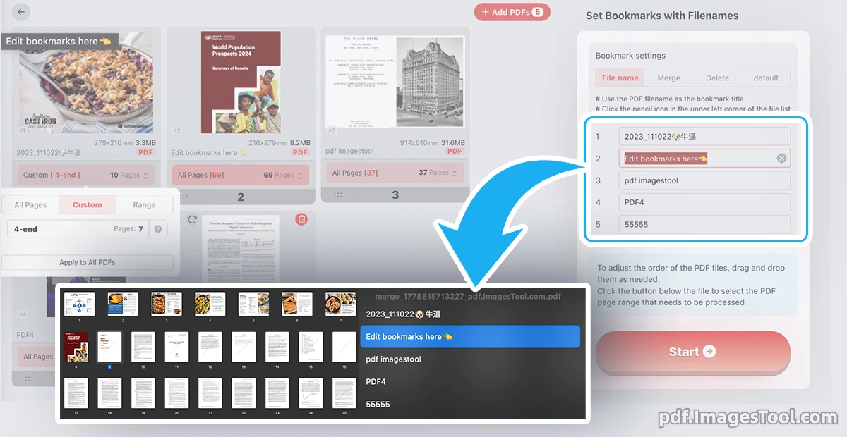 Merge multiple PDFs with automatic bookmarks from filenames