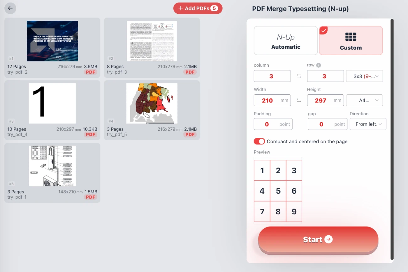 PDF N-up Полностью настраиваемые сетки (строки и столбцы)