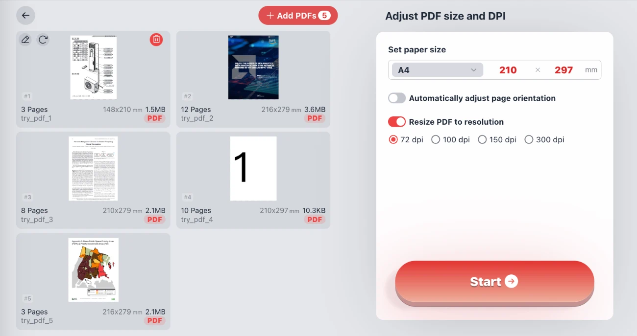 PDF का आकार और DPI समायोजित करें: पृष्ठों का आकार बदलें और रिज़ॉल्यूशन अनुकूलित करें