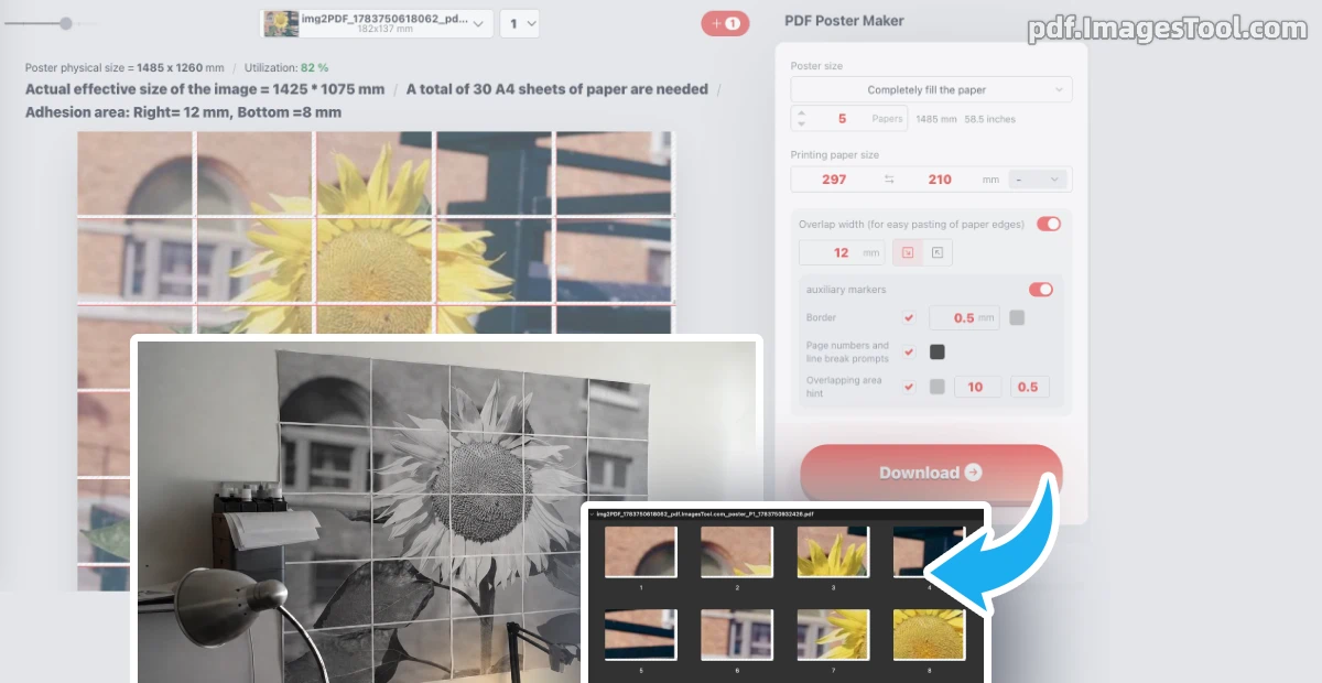 Print large PDF on multiple pages with overlap and crop marks