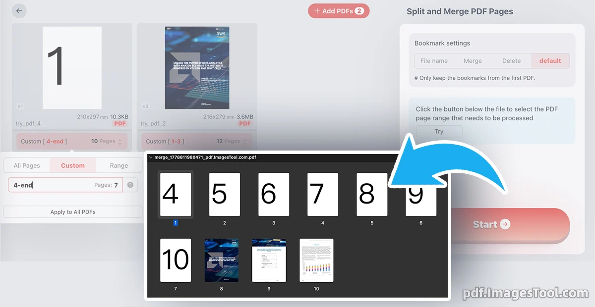 Split pages from multiple PDFs and merge them into a single new PDF file online