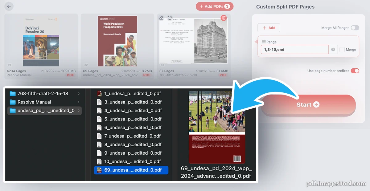 Custom Split PDF by Page Numbers