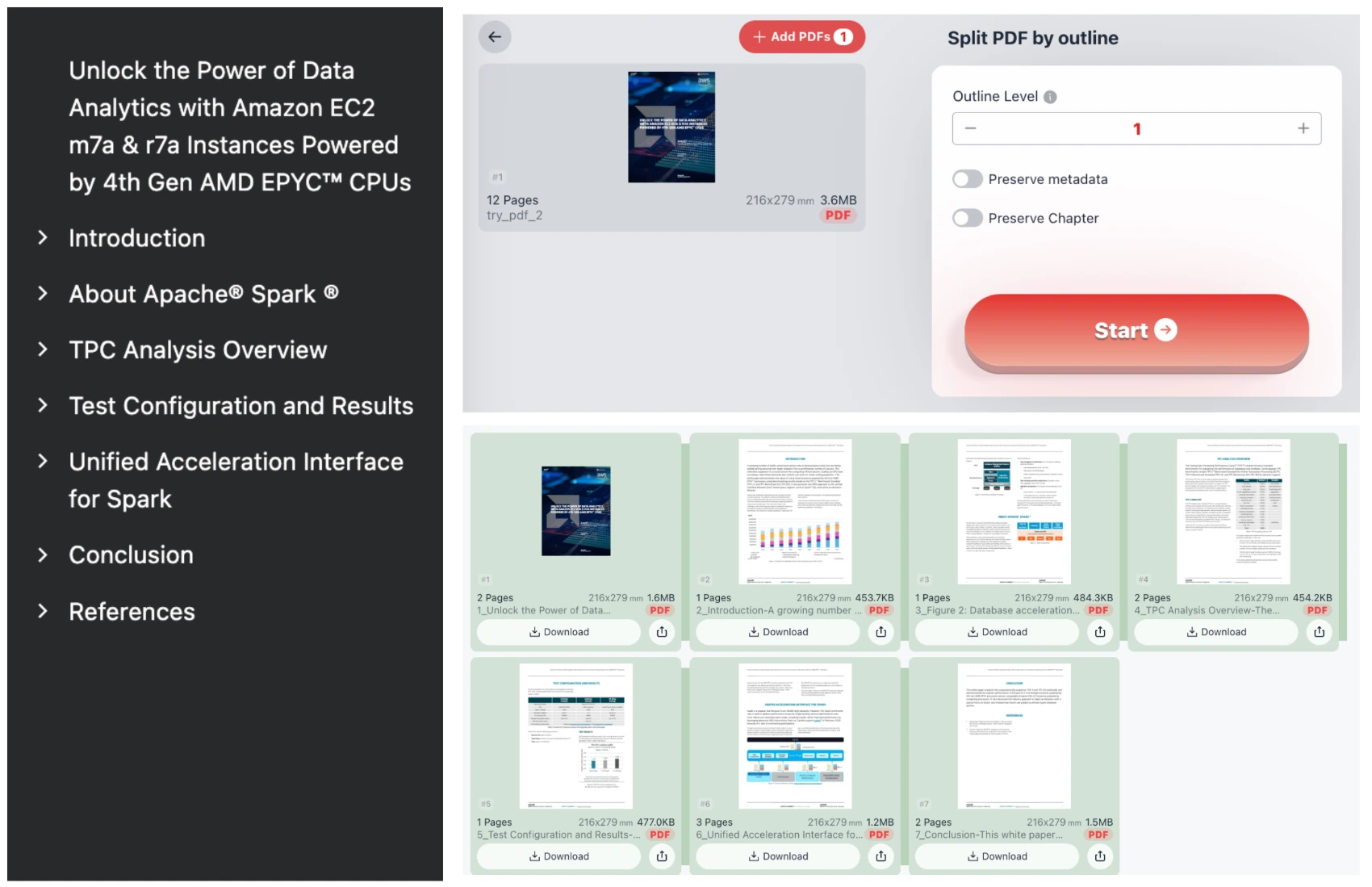 แยก PDF ตามโครงร่างและสารบัญ